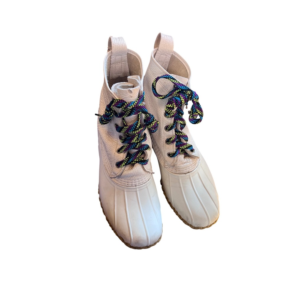 LL Bean Boots "Bean Boots" Women's White Leather Duck Boots Rainbow Laces